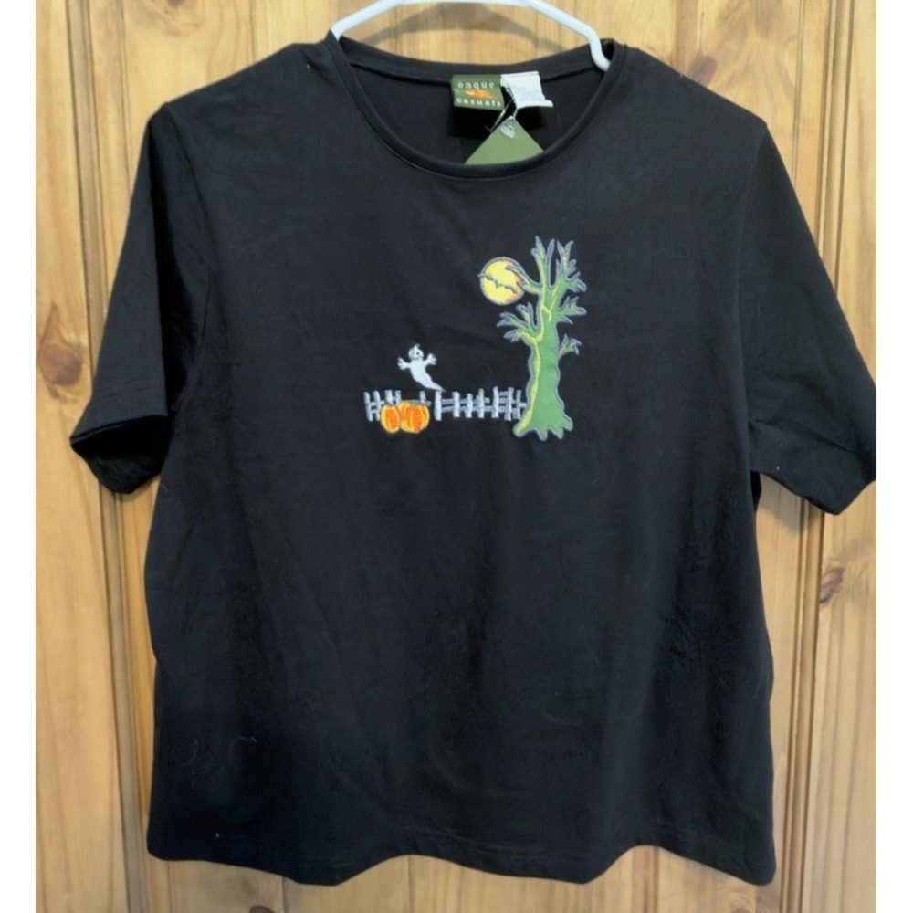 Vintage Onque Casuals Halloween Shirt Womens M Black Embroidered Ghost Pumpkin